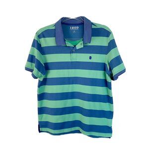 IZOD Men’s Green & Blue Striped Short Sleeve Polo Shirt Size M Cotton Blend